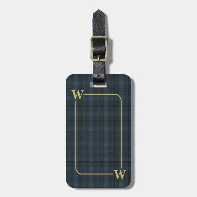 Étiquette À Bagage Élégant Monogramme Black Gold Fenêtre Plaid (Devant Vertical)