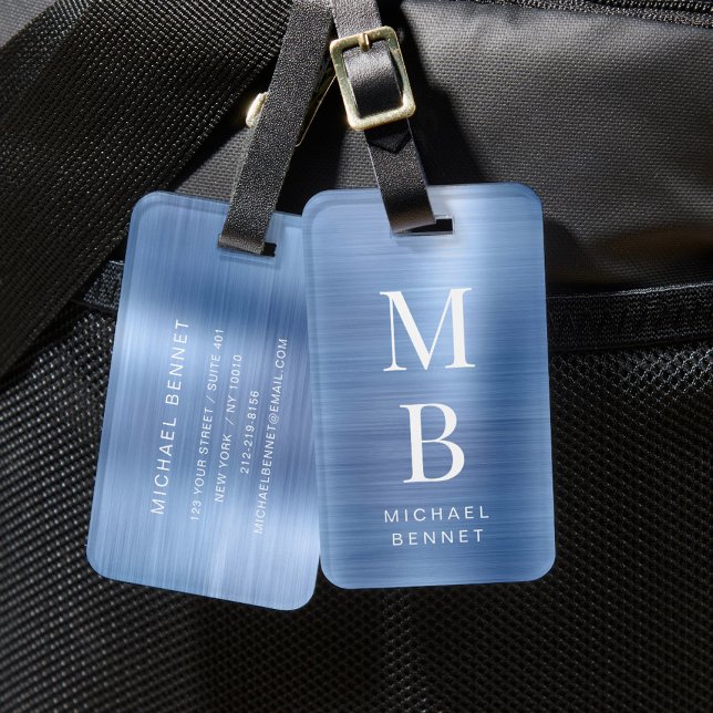 Étiquette À Bagage Élégant Monogramme Bleu (Elegant Monogrammed Blue Luggage Tag)
