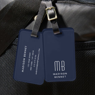Étiquette À Bagage Élégant Monogramme Bleu Marine