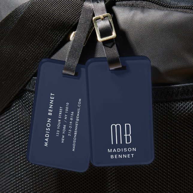 Étiquette À Bagage Élégant Monogramme Bleu Marine (Elegant Navy Blue Monogram Luggage Tag
)
