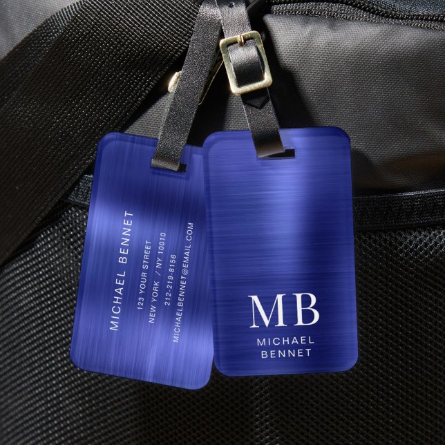 Étiquette À Bagage Élégant Monogrammé Bleu Marine  (Elegant Monogrammed Navy Blue Luggage Tag)