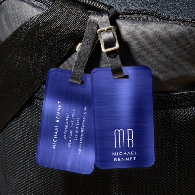 Étiquette À Bagage Élégant Monogramme Bleu Marine (Elegant Monogram Navy Blue Luggage Tag)