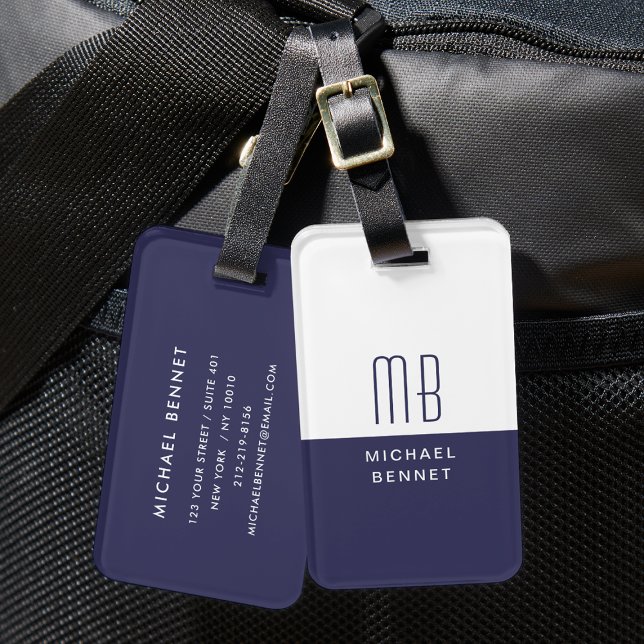 Étiquette À Bagage Élégant Monogramme Bleu Marine (Elegant Monogrammed Navy Blue Luggage Tag)