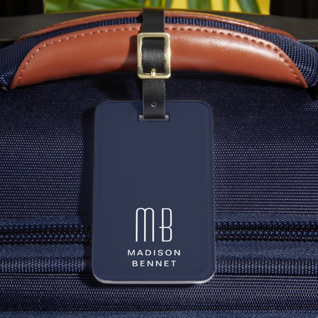 Étiquette À Bagage Élégant Monogramme bleu marine (Insitu Rectoal 2)