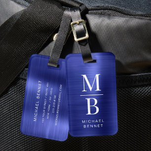 Étiquette À Bagage Élégant Monogramme Bleu Marine Métal Brossé