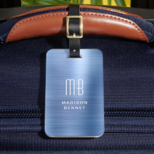 Étiquette À Bagage Élégant Monogramme Blue Faux brossé Métal