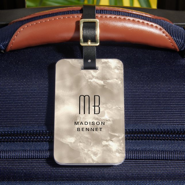 Étiquette À Bagage Elégant Monogramme Champagne Pearl Texture (Insitu Rectoal 2)