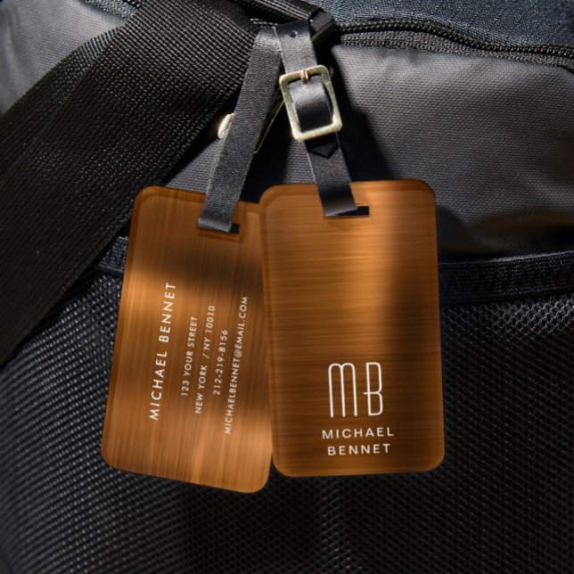 Étiquette À Bagage Élégant monogramme cuivre (Elegant Monogram Copper Luggage Tag)