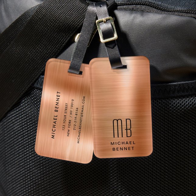 Étiquette À Bagage Élégant monogramme cuivre (Elegant Monogram Copper Luggage Tag)