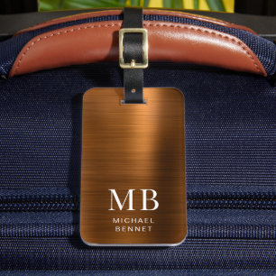 Étiquette À Bagage Élégant Monogramme Cuivre Brown brossé métal