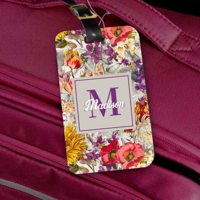 Étiquette À Bagage Élégant monogramme de motif gris fleuri violet (Créateur téléchargé)
