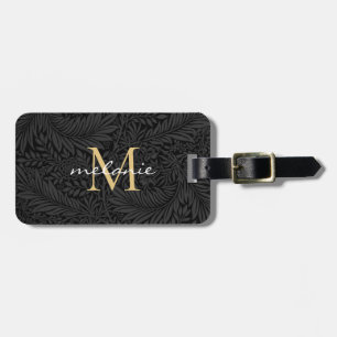 Étiquette À Bagage Élégant Monogramme d'or floral noir