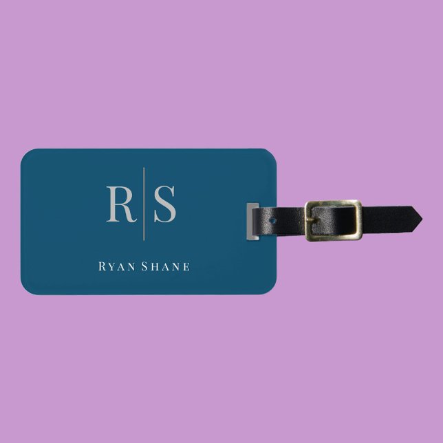 Étiquette À Bagage Élégant Monogramme gris, Nom & Informations, Bleu  (Créateur téléchargé)