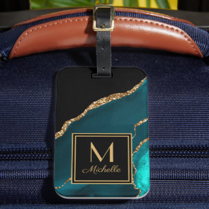 Étiquette À Bagage Élégant Monogramme Initial Nom Noir Sarcelle Or