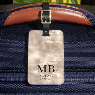 Étiquette À Bagage Elégant Monogramme ivoire Beige Pearl Texture