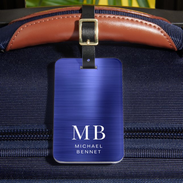 Étiquette À Bagage Élégant Monogramme Marine Bleu (Insitu Rectoal 2)