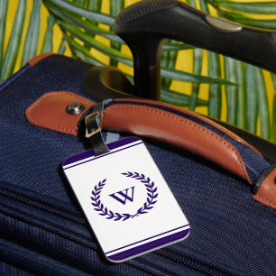 Étiquette À Bagage Élégant Monogramme Marine Bleu Blanc Bagage Bleu