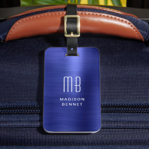 Étiquette À Bagage Élégant Monogramme Marine Bleu Brossé Métal