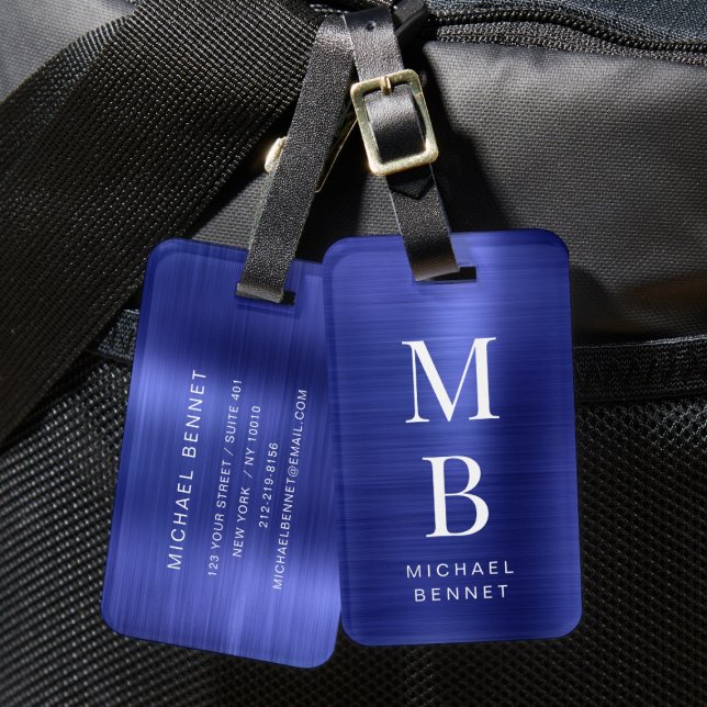 Étiquette À Bagage Élégant Monogramme Marine Bleu Brossé Métal (Elegant Monogrammed Navy Blue Brushed Metallic Luggage Tag)