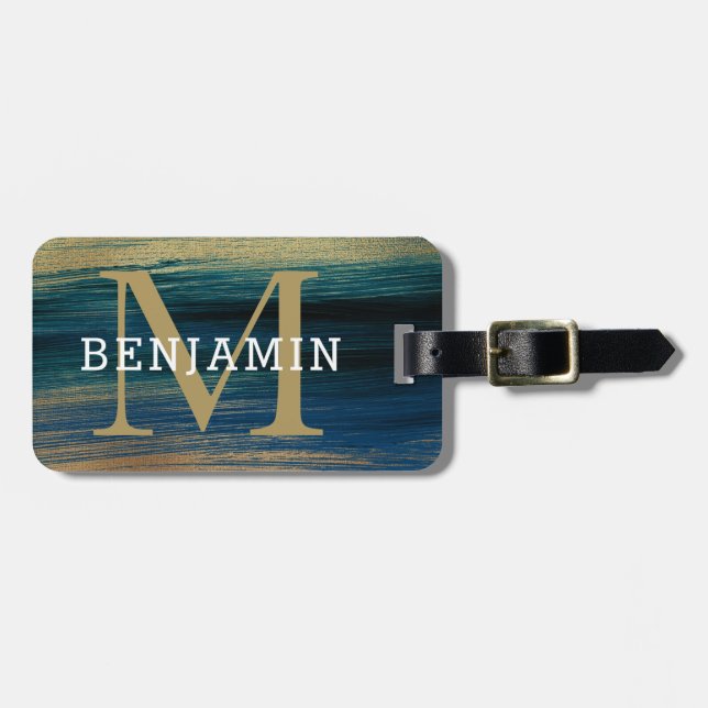 Étiquette À Bagage Élégant monogramme masculin Abstrait Gold and Navy (Devant horizontal)