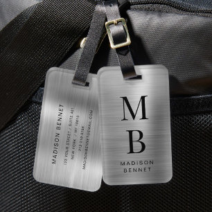 Étiquette À Bagage Élégant Monogrammé Métal Argent Brossé