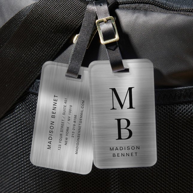 Étiquette À Bagage Élégant Monogrammé Métal Argent Brossé (Elegant Monogrammed Silver Brushed Metallic Luggage Tag)