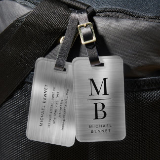 Étiquette À Bagage Élégant Monogrammé Métal Brossé Argenté