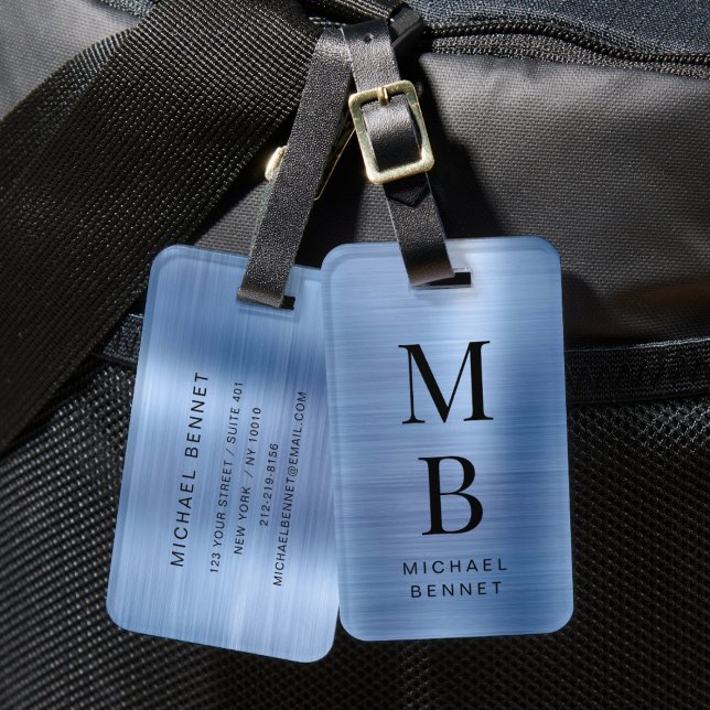 Étiquette À Bagage Élégant Monogramme Métal Brossé Bleu (Elegant Monogrammed Blue Brushed Metallic Luggage Tag)