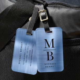 Étiquette À Bagage Élégant Monogramme Métal Brossé Bleu