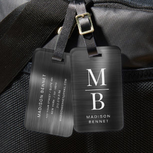 Étiquette À Bagage Élégant Monogrammé Métal Brossé Noir 