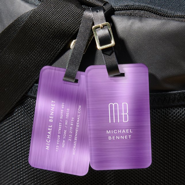 Étiquette À Bagage Élégant Monogrammé Métal Brossé Violet (Elegant Monogrammed Purple Brushed Metal Luggage Tag)