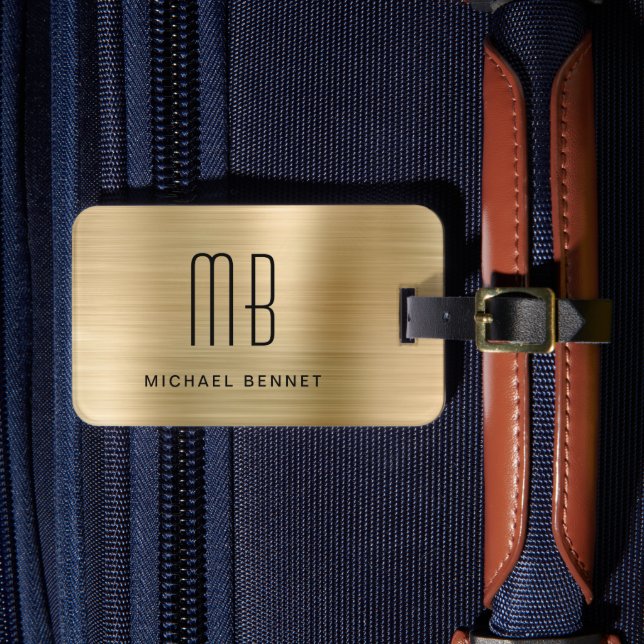 Étiquette À Bagage Élégant Monogrammé Métal Doré Brossé (Insitu Rectoal 4)