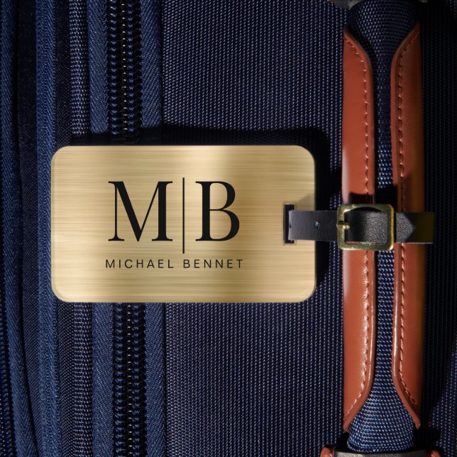 Étiquette À Bagage Élégant Monogrammé Métal Doré Brossé (Insitu Rectoal 4)