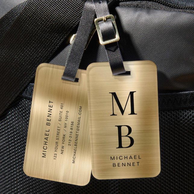 Étiquette À Bagage Élégant Monogrammé Métal Doré Brossé (Elegant Monogrammed Gold Brushed Metallic Luggage Tag)