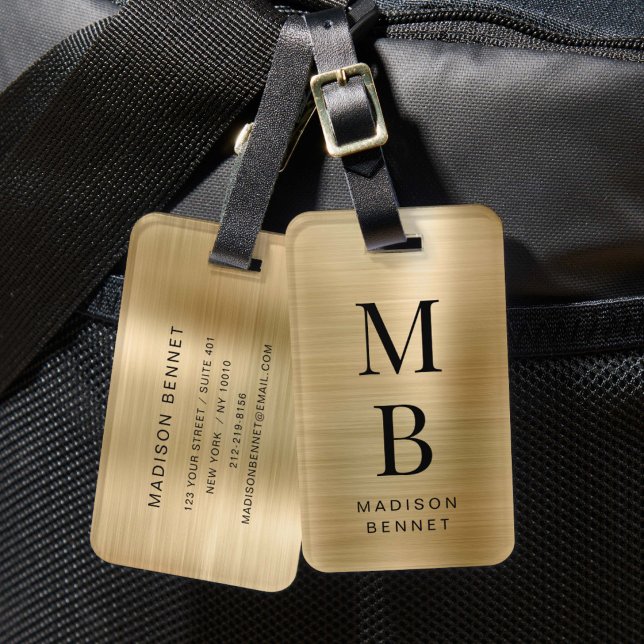 Étiquette À Bagage Élégant Monogrammé Métal Doré Brossé (Elegant Monogrammed Gold Brushed Metallic Luggage Tag)