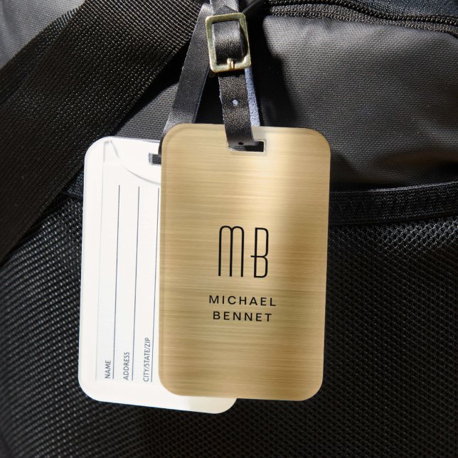 Étiquette À Bagage Élégant Monogrammé Métal Doré Brossé (Elegant Monogrammed Gold Brushed Metallic Luggage Tag)