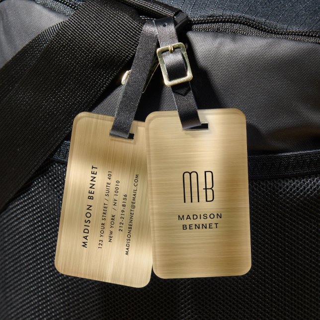 Étiquette À Bagage Élégant Monogrammé Métal Doré Brossé (Elegant Monogrammed Gold Brushed Metallic Luggage Tag)