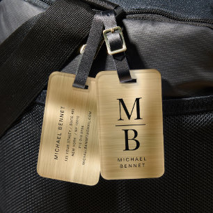 Étiquette À Bagage Élégant Monogrammé Métal Doré Brossé