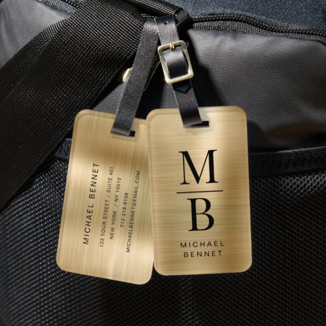 Étiquette À Bagage Élégant Monogrammé Métal Doré Brossé (Elegant Monogrammed Gold Brushed Metallic Luggage Tag)