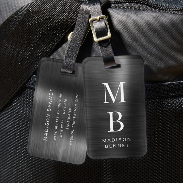 Étiquette À Bagage Élégant Monogrammé Métal Noir Brossé (Elegant Monogrammed Black Brushed Metallic Luggage Tag)