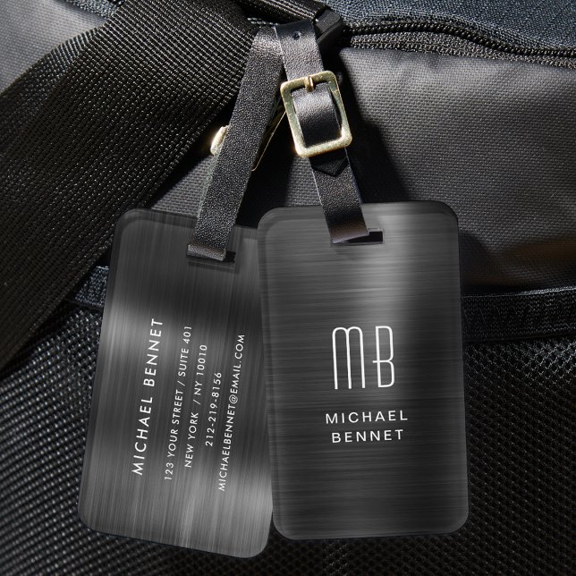 Étiquette À Bagage Élégant Monogramme Métal Noir Brossé  (Elegant Monogram Black Brushed Metallic Luggage Tag)