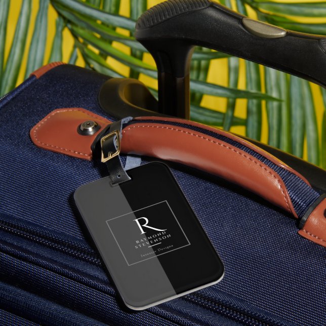 Étiquette À Bagage Élégant Monogramme Moderne Noir et Blanc (Insitu Rectoal 1)