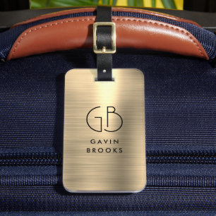 Étiquette À Bagage Élégant Monogramme Moderne Or Brossé Glam Metallic