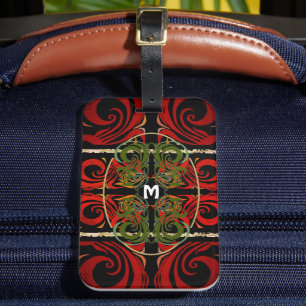 Étiquette À Bagage Élégant Monogramme Motif rouge et vert