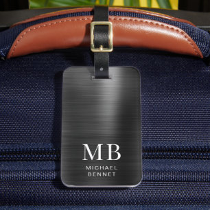 Étiquette À Bagage Élégant Monogramme Noir brossé Métallique