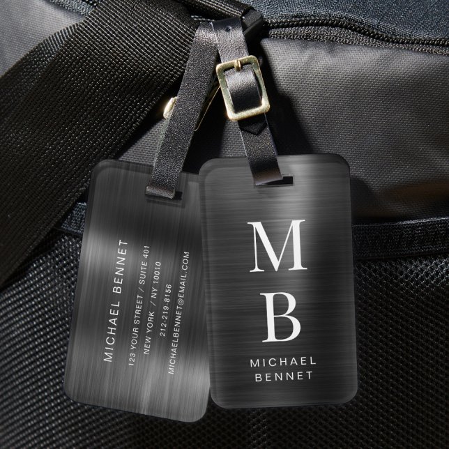Étiquette À Bagage Élégant Monogramme Noir brossé Métallique (Elegant Monogrammed Black Brushed Metallic Luggage Tag)