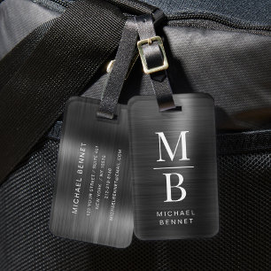 Étiquette À Bagage Élégant Monogramme Noir brossé Métallique