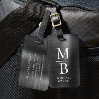 Étiquette À Bagage Élégant Monogramme Noir brossé Métallique