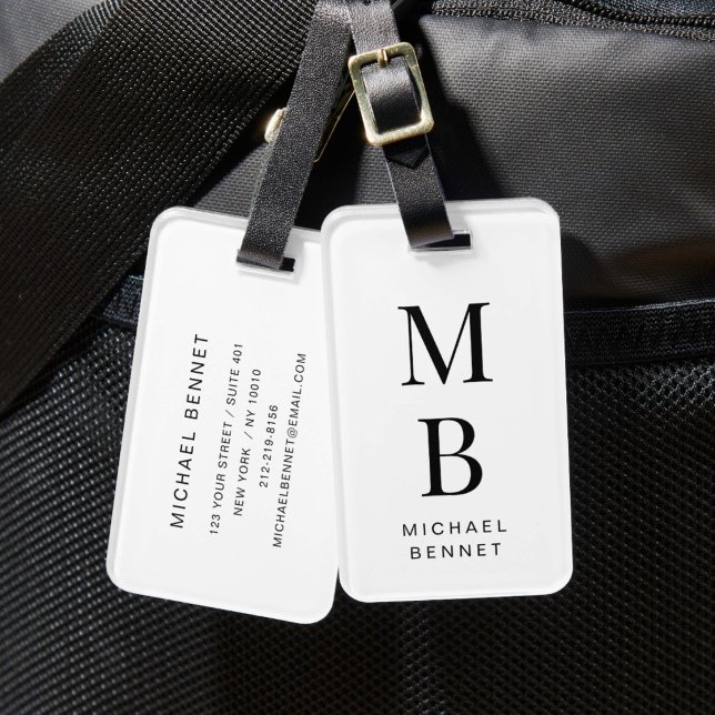 Étiquette À Bagage Élégant Monogrammé Noir Et Blanc (Elegant Monogrammed Black And White Luggage Tag)