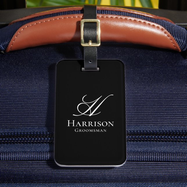 Étiquette À Bagage Élégant Monogramme Noir et Blanc pour Garçon d'Hon (Insitu Rectoal 2)